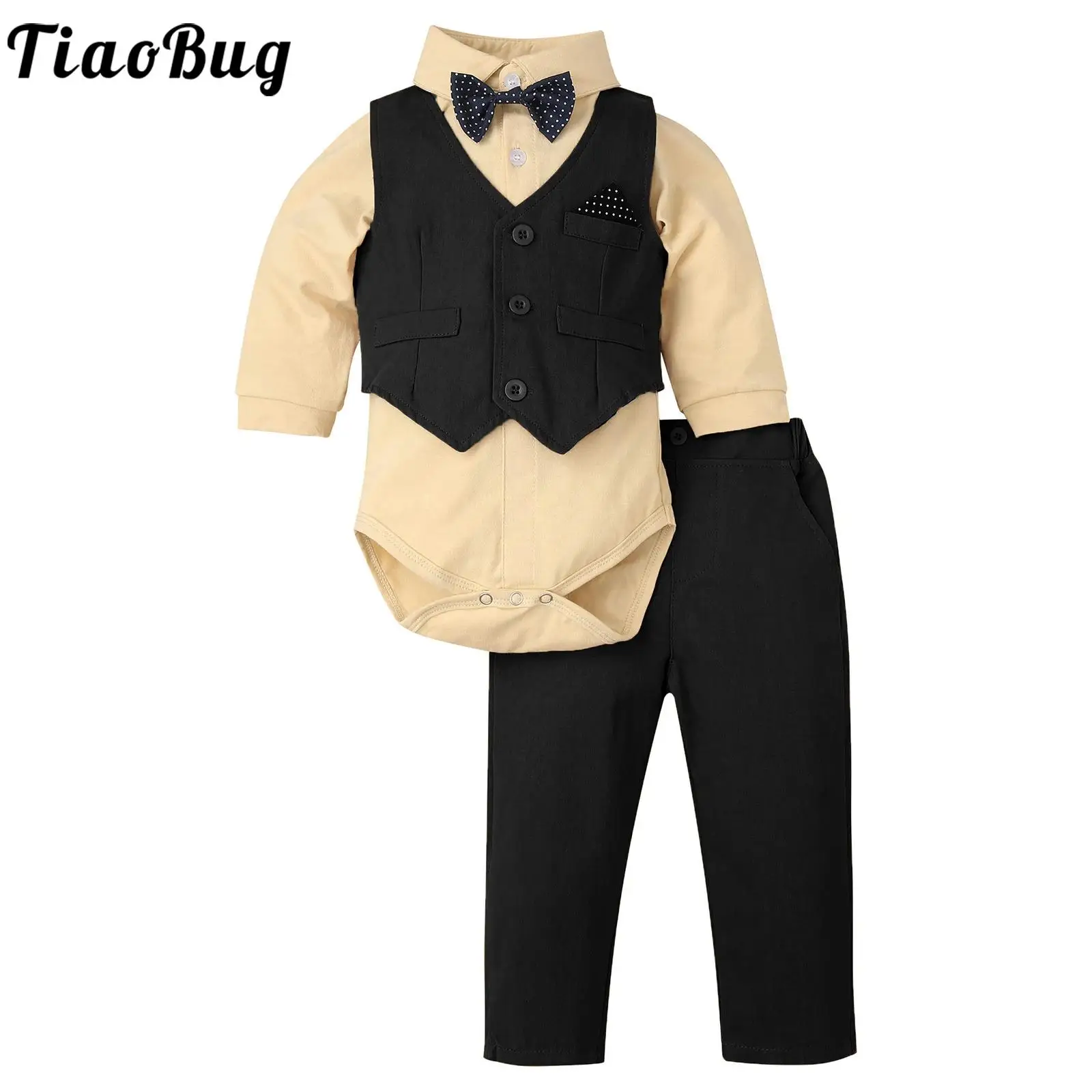 

4Pcs Toddler Baby Boys Clothes Birthday Wedding Party Gentleman Suit Kids Long Sleeve Romper with Waistcoat Pants Bow Tie Set