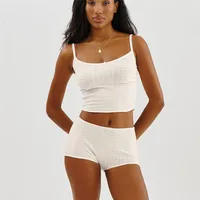Hirigin-Ensemble de pyjama en coton pour femme, manches longues, bretelles spaghetti, haut court en tricot, short avec batterie, vêtements de nuit monochromes, 2 pièces 1