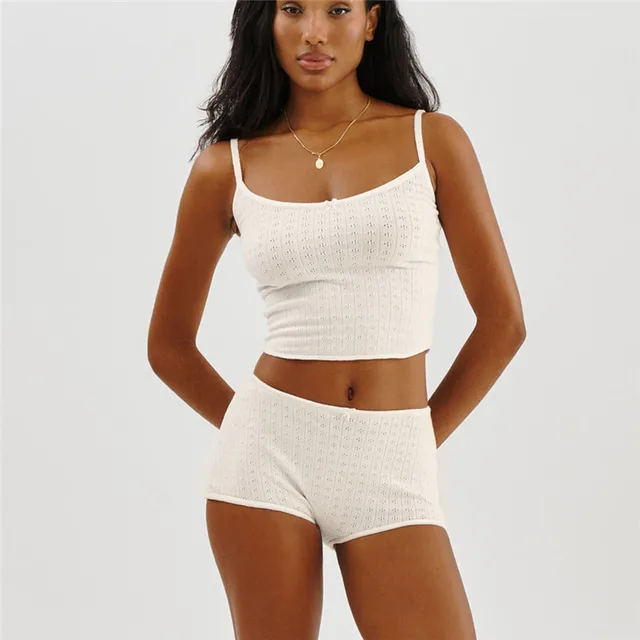 Hirigin-Ensemble de pyjama en coton pour femme, manches longues, bretelles spaghetti, haut court en tricot, short avec batterie, vêtements de nuit monochromes, 2 pièces 1