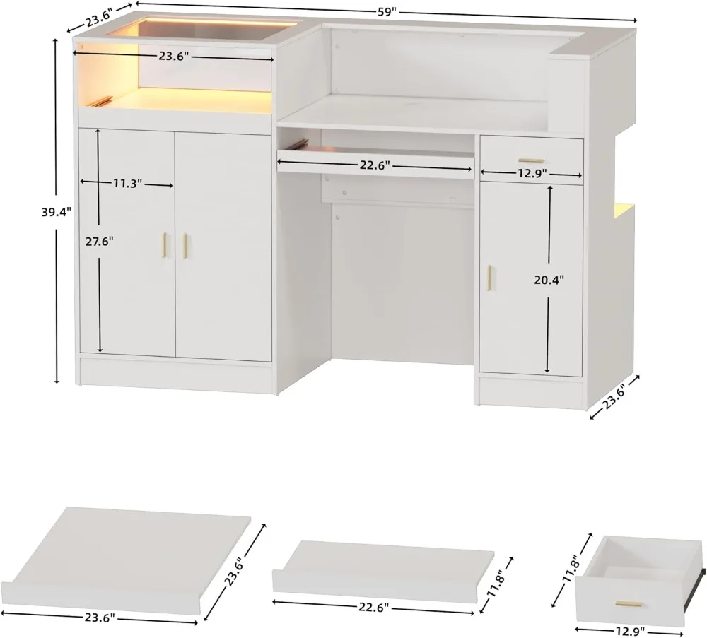 59" Modern Reception Desk with LED Light & Glass Display, Retail Counter for Lobby Salon Office