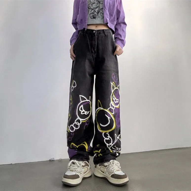 

Women High Waist Straight Loose Button Jeans Pants High Street Retro Graffiti Pattern Hip-hop Rap Trend Punk Style Pants