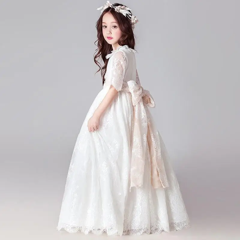Primera Comunion Vestidos Vestido De Niña De Flores De Manga Larga De Tul De Encaje De Marfil Y Capuchino Para Ocasiones Especiales, Fiesta De Dama De Honor, Desfile De Bodas, Sesión De