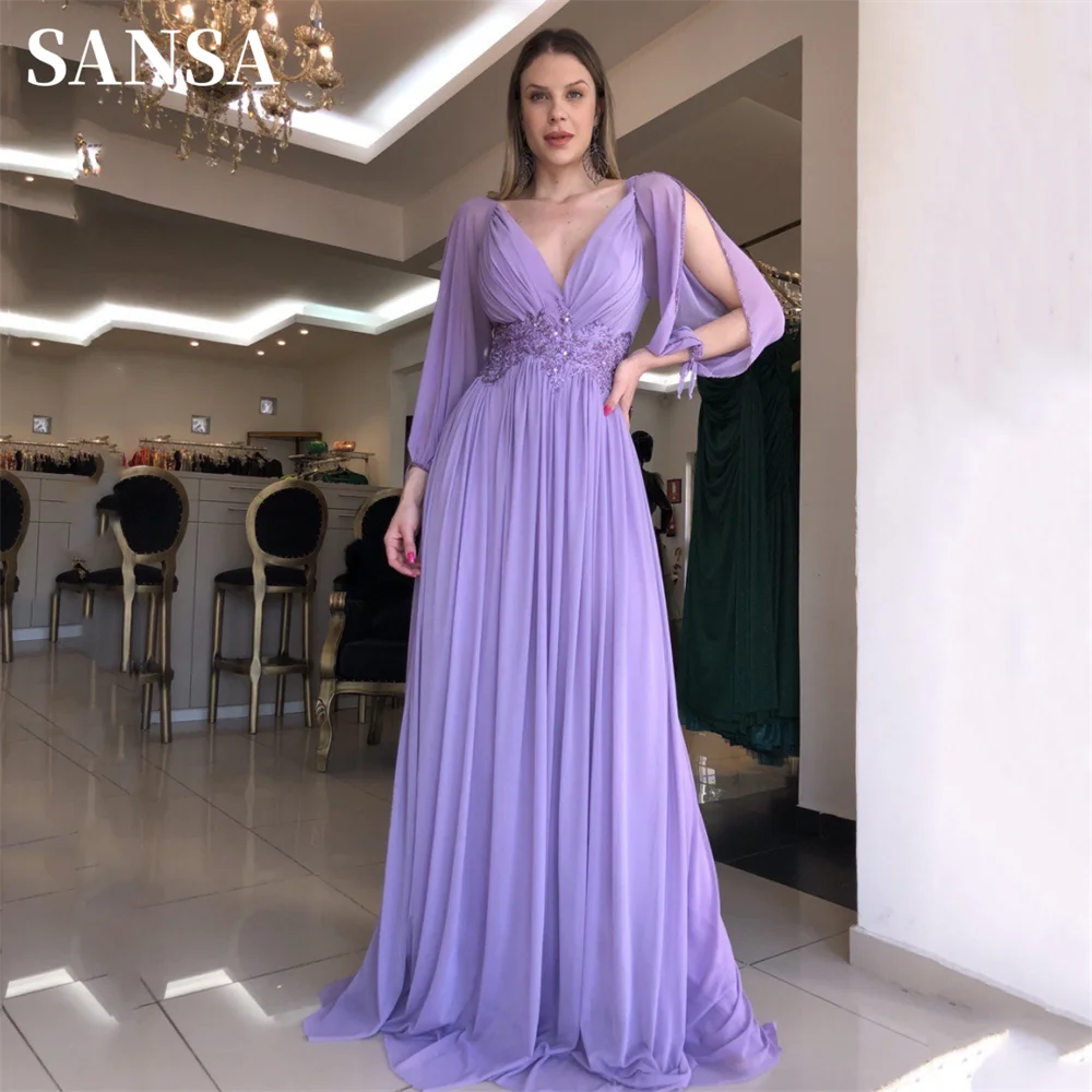 

Sansa Lavender Trumpet Sleeve Prom Dress Elegant Chiffon A-line Vestidos De Noche Sequins On Chest فساتين سهره فاخره 2023