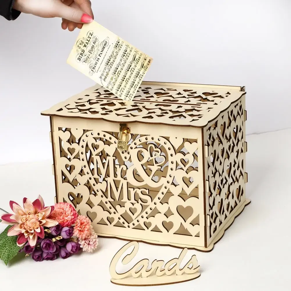 Wedding Card Box Wooden Boxes Wedding Supplies DIY Couple Deer Bird Flower Pattern with Lock Envelope Business Card Wooden Box