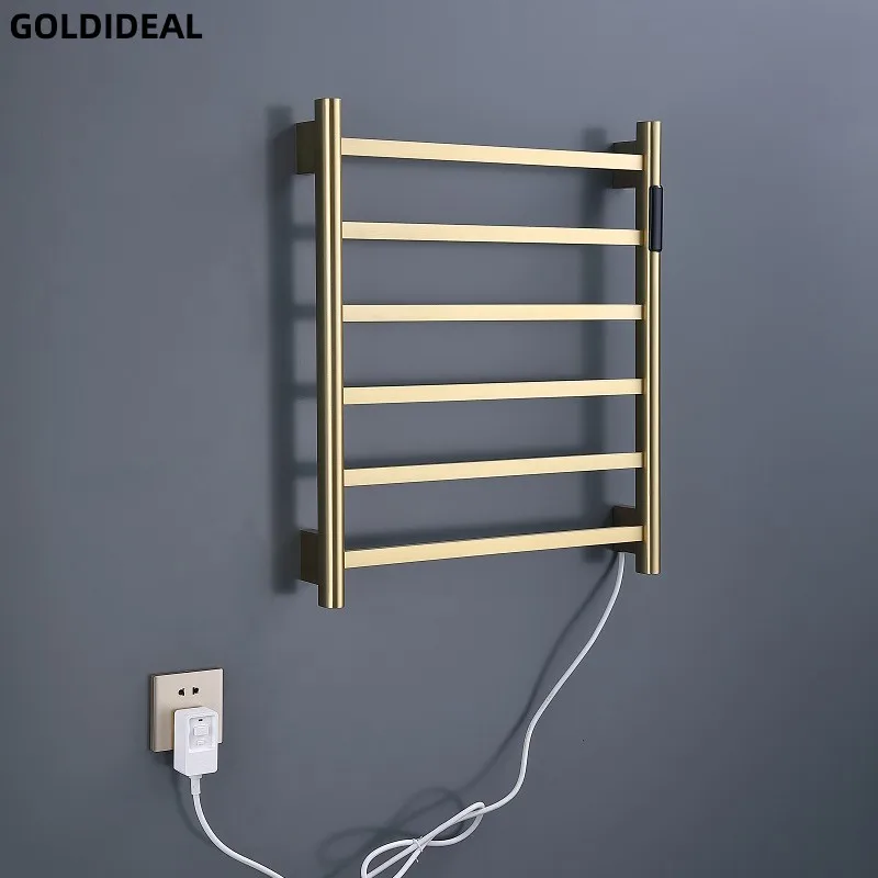 ที่อุ่นผ้าขนหนูไฟฟ้าสีทอง/สีดำ/ปืนเครื่องเป่าผ้าขนหนูติดผนังแบบดิจิตอลชั้นวางผ้าขนหนูทำความร้อนไฟฟ้าในห้องน้ำ 1