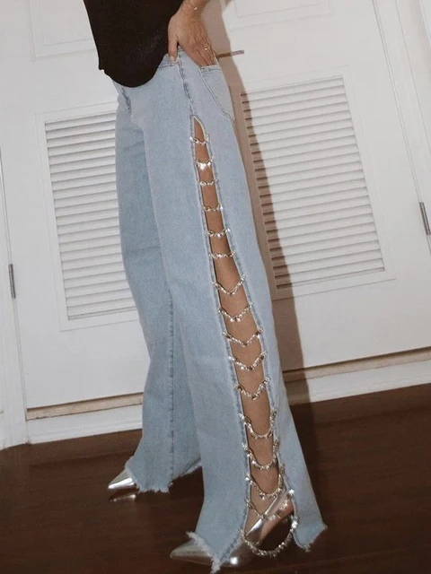 Sexy hole rhinestone denim pants women fashion baggy pants hotwife streetwear high waist wide leg jeans woman clothing trousers 5