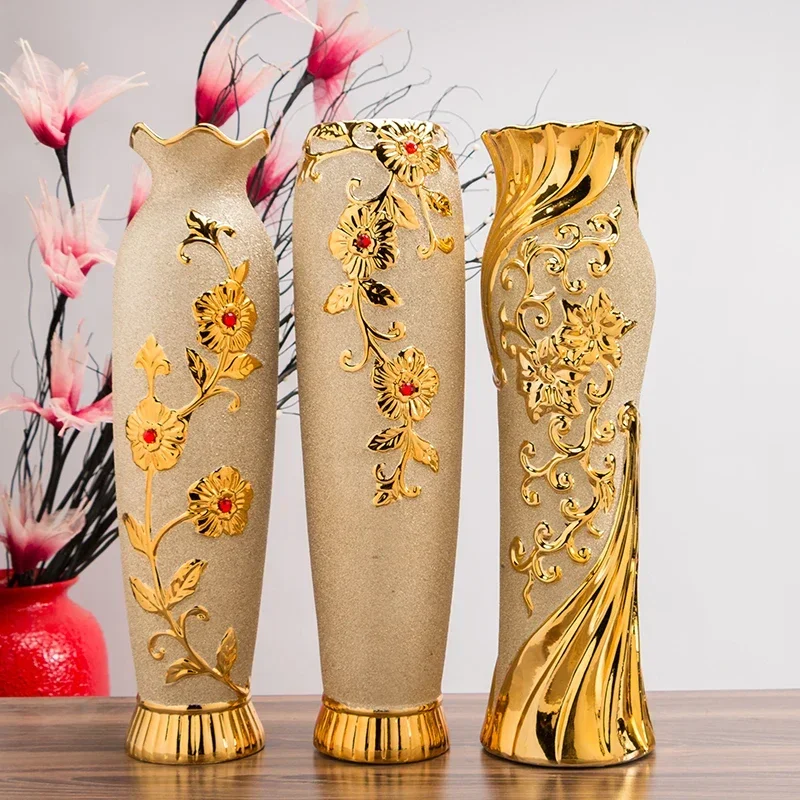 

Floor Ceramic Vase European Vase Ornaments Large Living Room TV Cabinet Entrance Golden Flower Arrangement