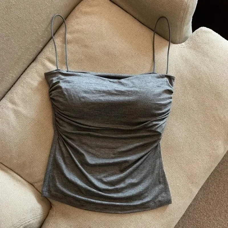 Spaghetti Strap Tanks Women Built In Bra Summer Camis Casual Tops Solid Color Female Korean Style