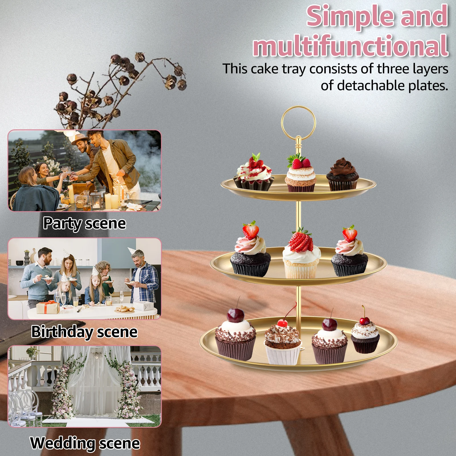 3 Layer Cake Stand Fruit Plate Tray Metal Cupcake Display Tower Decorative Gold Round Cake Display Stand Birthday Party Wedding