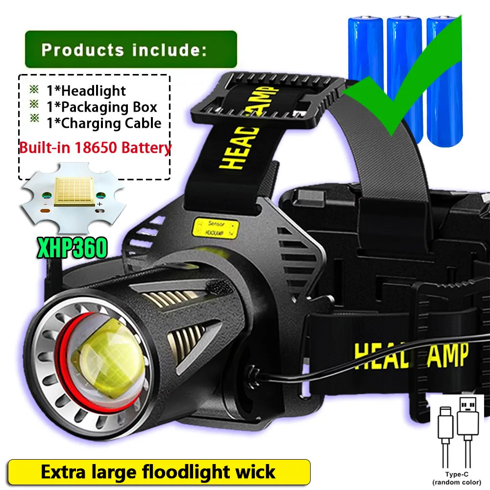 36-core Super Bright Headlight High Power XHP360 LED Headlamp Strong Light Head Lamp USB Rechargeable Zoomable Camping Fishing head flashlight cob headlamp