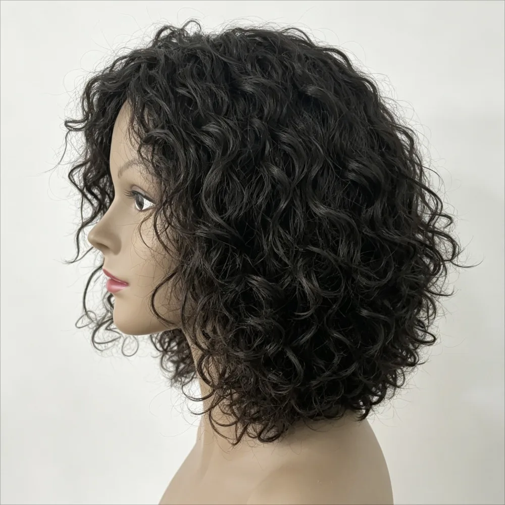 Parrucca di capelli umani brasiliani per donne nere, parrucca riccia con frangia, parrucche bob ricce, capelli umani con parte laterale, marrone soffice misto biondo - immagine 5