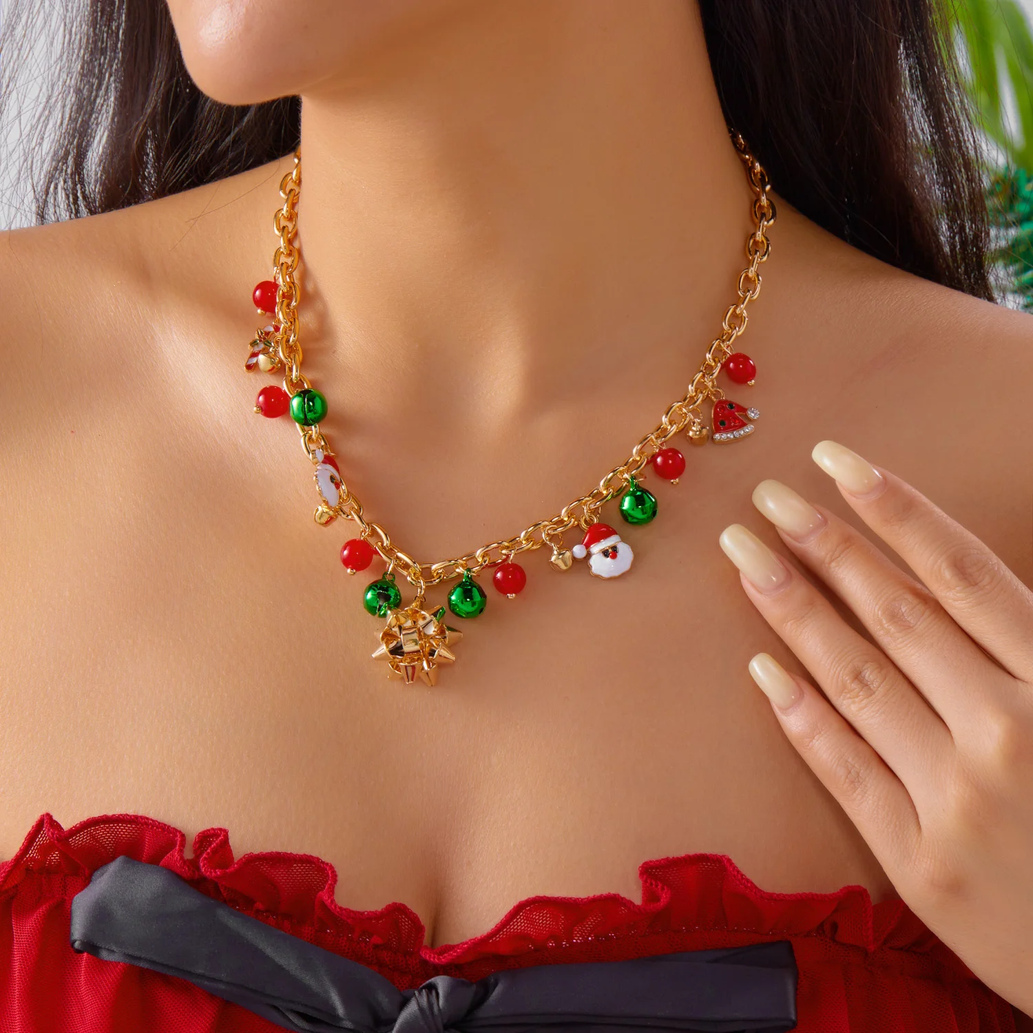 Trendige Weihnachts-Schneeflocken-Halskette für Frauen Kreative Kombinationen Lebkuchenmann Reisperlen Party-Schmuck Accessoire – Detail 6