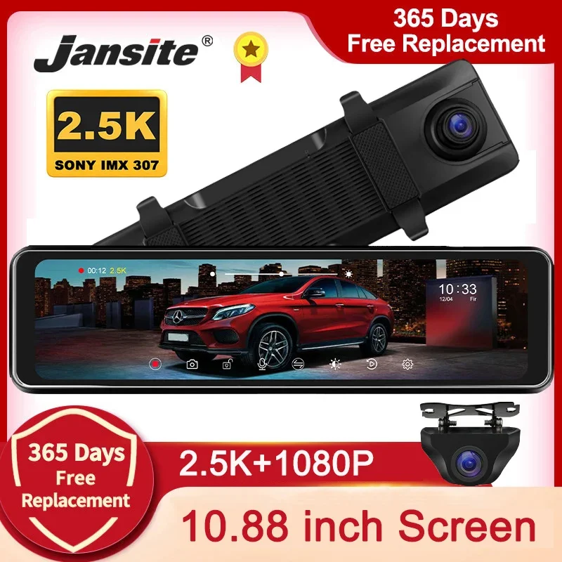 

Jansite 10.88 inch Stream Media Dash Cam Rear View Mirror 2.5K DVR Video Recorder Auto Registrar 1080P Reverse Camera GPS