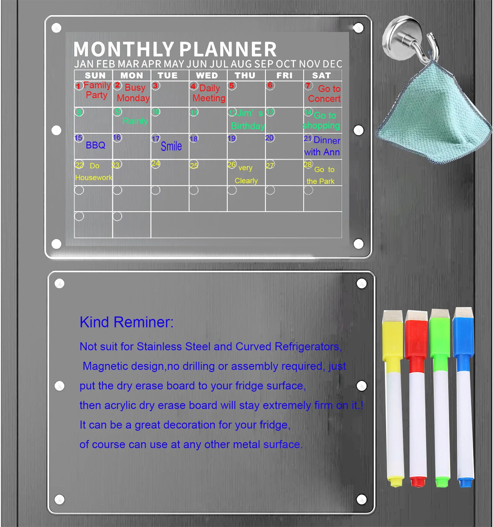 Acrylic magnetic calendar for fridge Strong magnetic calendar for fridge Clear Monthly Planner and Weekly Planner dry erase