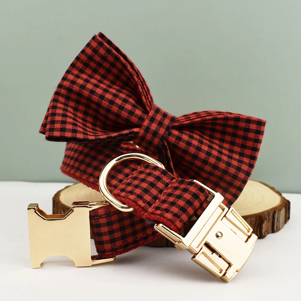 Plaid Dog Collar with Bow Tie Custom Dog Accessories leash set dog collar pet collar pet bow tie