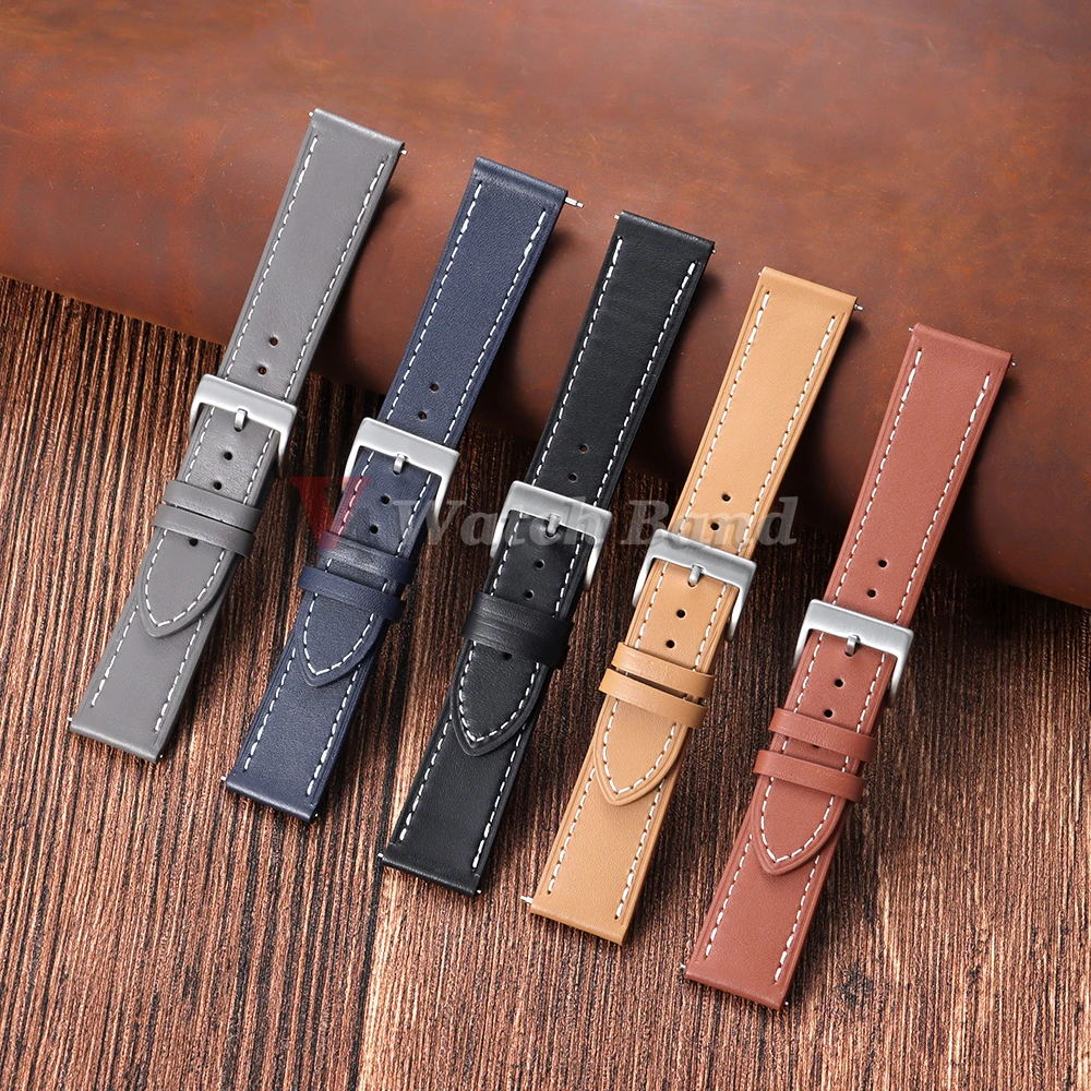 Vintage Leather Quick Release Watch Band - Brown Stitching Cowhide Strap