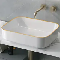 Ceramic Bathroom Sink Rectangular 20 X 16 Inch White Elegant Modern Style Gold Rim Vessel Sink Above Counter, Without Faucet 1