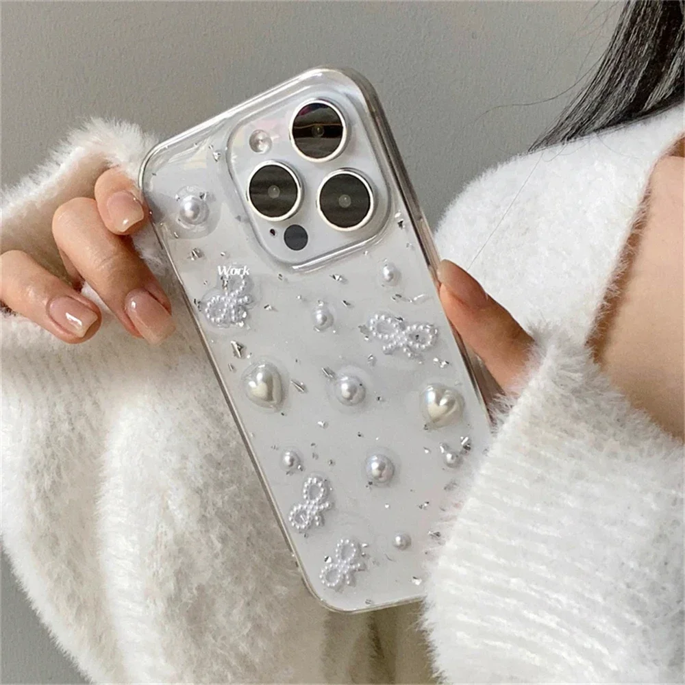 Elegant 3D Pearl Bowknot Silver Foil Clear Soft Phone Case