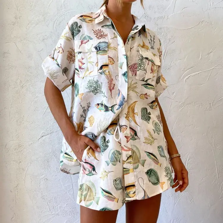  Holiday Casual Printed Women 2 Piece Set Short Sleeve Buttons Shirt Blouse Top Loose Shorts Suit Summer Beach Outfits Women's blouses floral ruffled button cap sleeve blouse in green size l m s xl