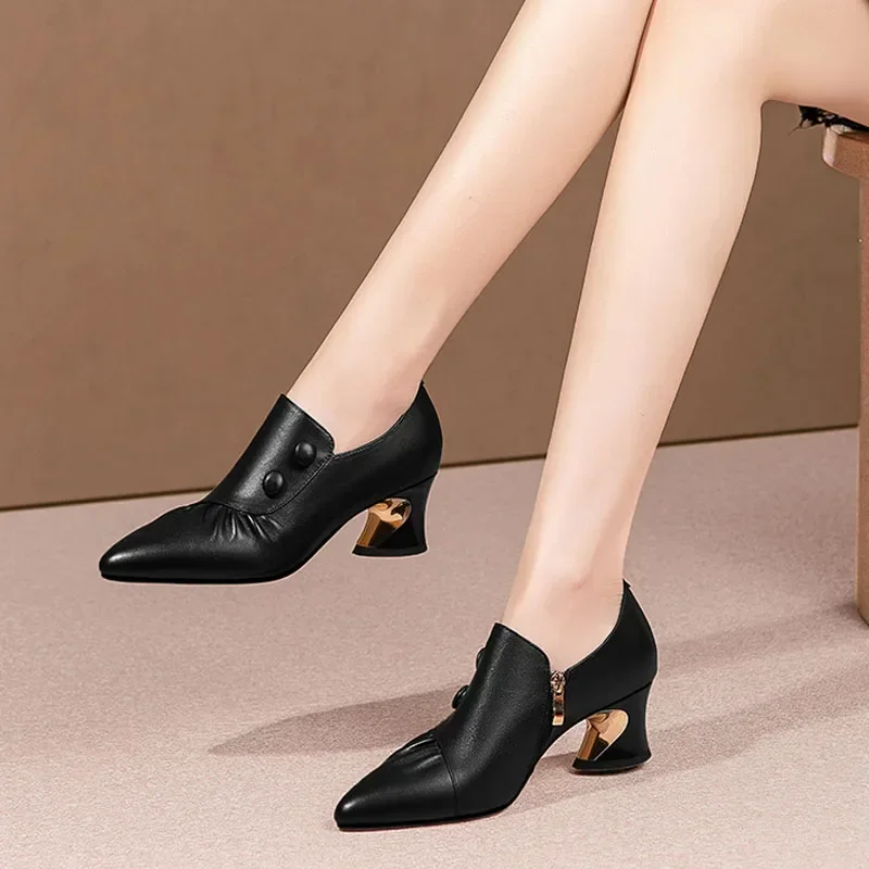 Thick Heel Fashion Shoes Women 2025 Spring and Autumn New Pointed Toe Deep Mouth Sexy Striped Fashion High Heels Women’s 3