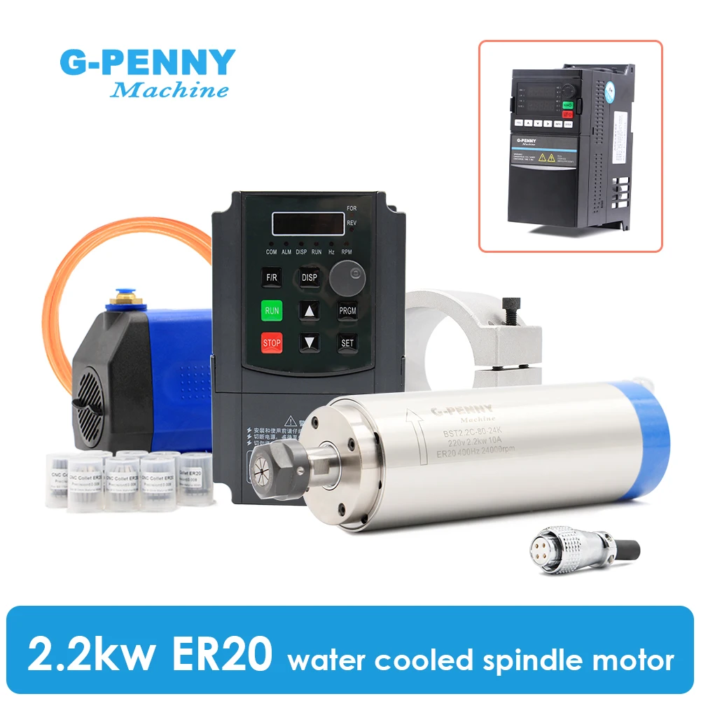 2.2kw ER20 Water Cooled Spindle Kit 2.2kw VFD 80mm Bracket 75w Pump G-Penny spindle set