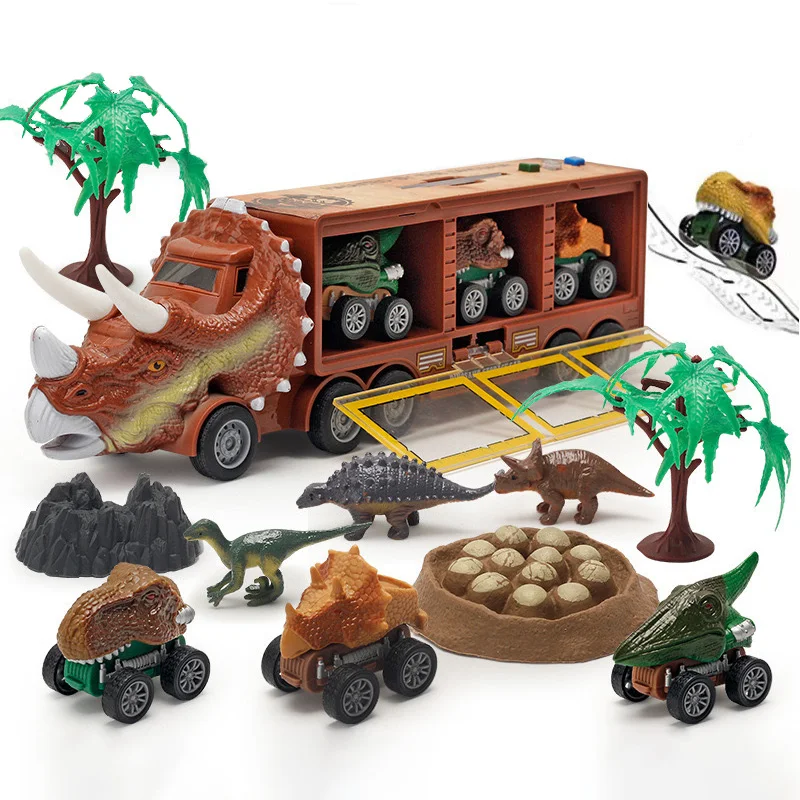 RZMZBY Dinosaurusspeelgoed voor jongens, 3-7 jaar, vrachtwagen met 12 auto's, verjaardagscadeau voor kinderen