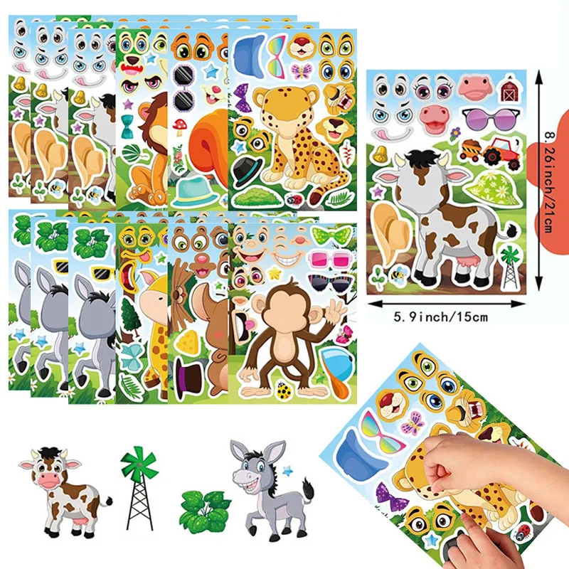 Cartoon Jungle Dier Stickers Voor Kinderen Peuter Maak Je Eigen Dier Make-A-Face Sticker Vellen Kinderen Diy Puzzel Puzzel Puzzel Speelgoed