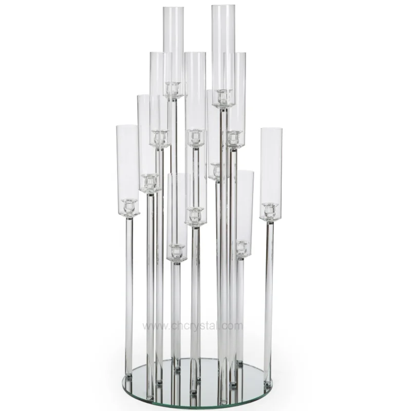 

Wedding Centerpieces Decoration Square Base 12 Arms Gold Metal Poles Crystal Glass Candelabra For Party Home Decor