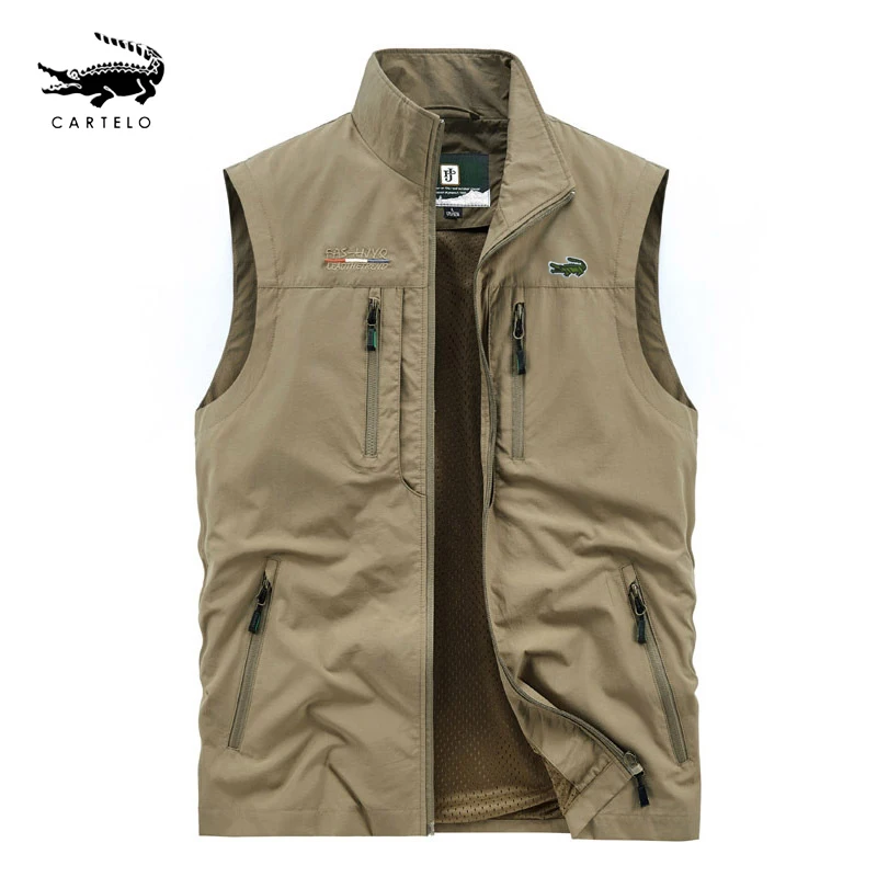 

New Men's Leisure Vest Solid Tooling Style Waistcoat Thin Fishing Hiking Multi-Pocket Casual Stand Collar Loose Vest For Men