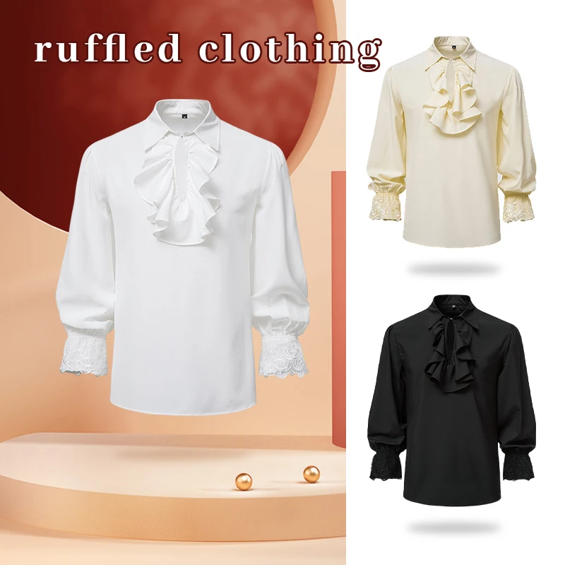 Men Pirate Shirts Vampire Prince Poet Shirts Medieval Renaissance Ruffle Tops Lace Up Vintage Gothic Viking Blouse Tops Cosplay halloween tang dynasty costumes for adult children li bai du fu poet cosplay hanfu men scholars drama performance clothes