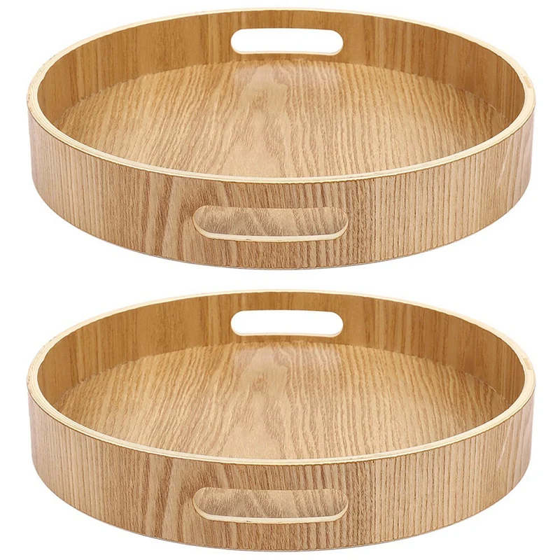 

2X Round Serving Bamboo Wooden Tray For Dinner Trays Tea Bar Breakfast Food Container Handle Storage Tray 2