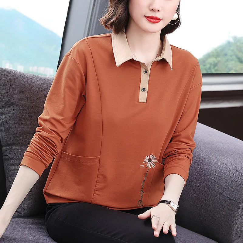 

Spring and Autumn Women's Pullover Polo Colored Flower Embroidered Button Pocket Long Sleeve T-shirt Underlay Elegant Tops