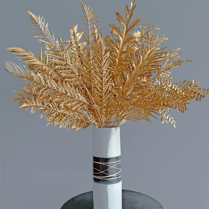Wholesale Artificial Golden Palm Plants Plastic Wedding Leaves Diy