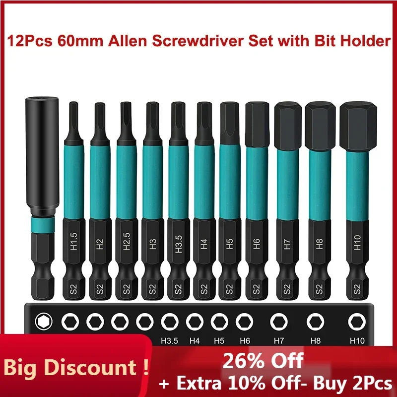 

12 шт. Набор шестигранных отверток с держателем бит 60 мм Набор шестигранных бит 1/4 дюйма шестигранный хвостовик магнитный шестигранный набор бит