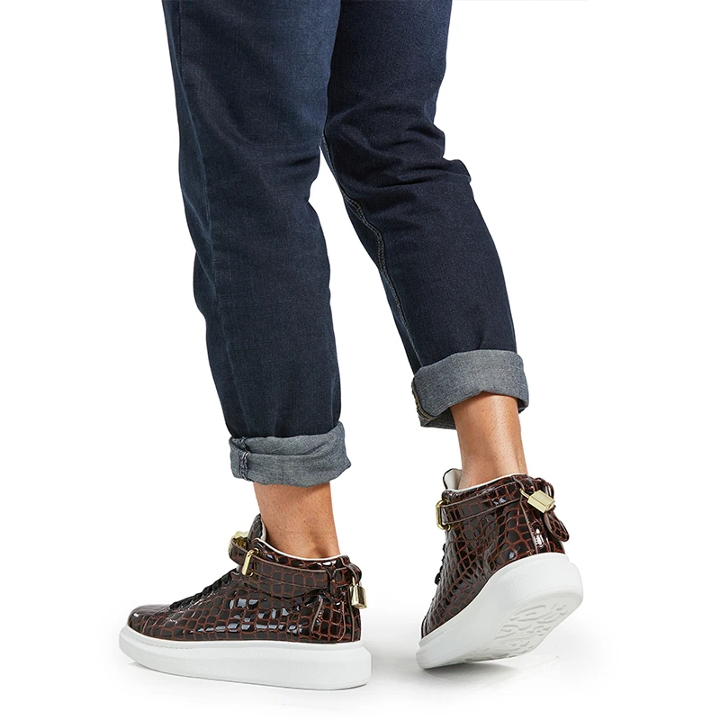 Men Alligator Pattern High Top Sneakers Lock Lace Flats Glossy Real Leather Newest Designer Boots Men‘s Casual Shoes 6