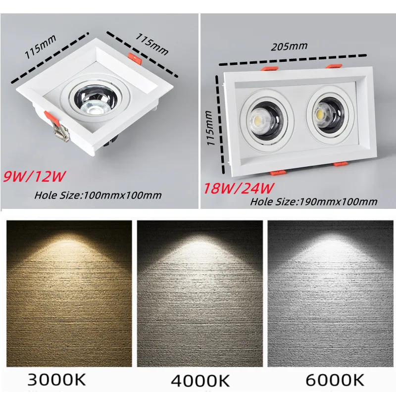 매우 밝은 사각형 밝기 조절 COB LED 매입형 다운라이트, 천장 스포트 램프, 홈 데코, 9W, 12W, 18W, 24W, 3000K, 4000K, 6000K, AC110, 220V