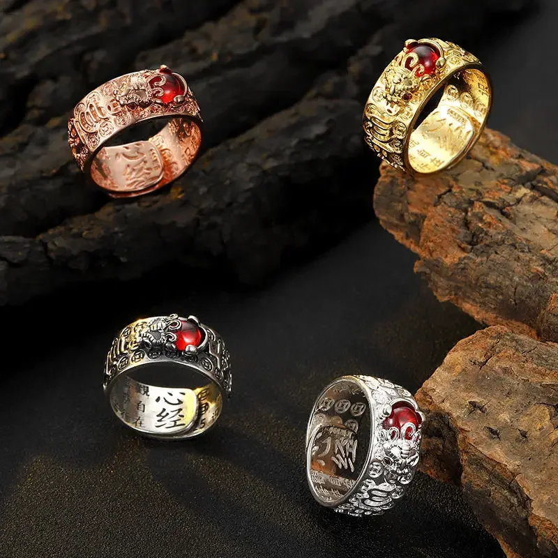 Elegant Red Garnet Heart Sutra Ring in Vintage Thai Silver and Rose Gold Jewelry