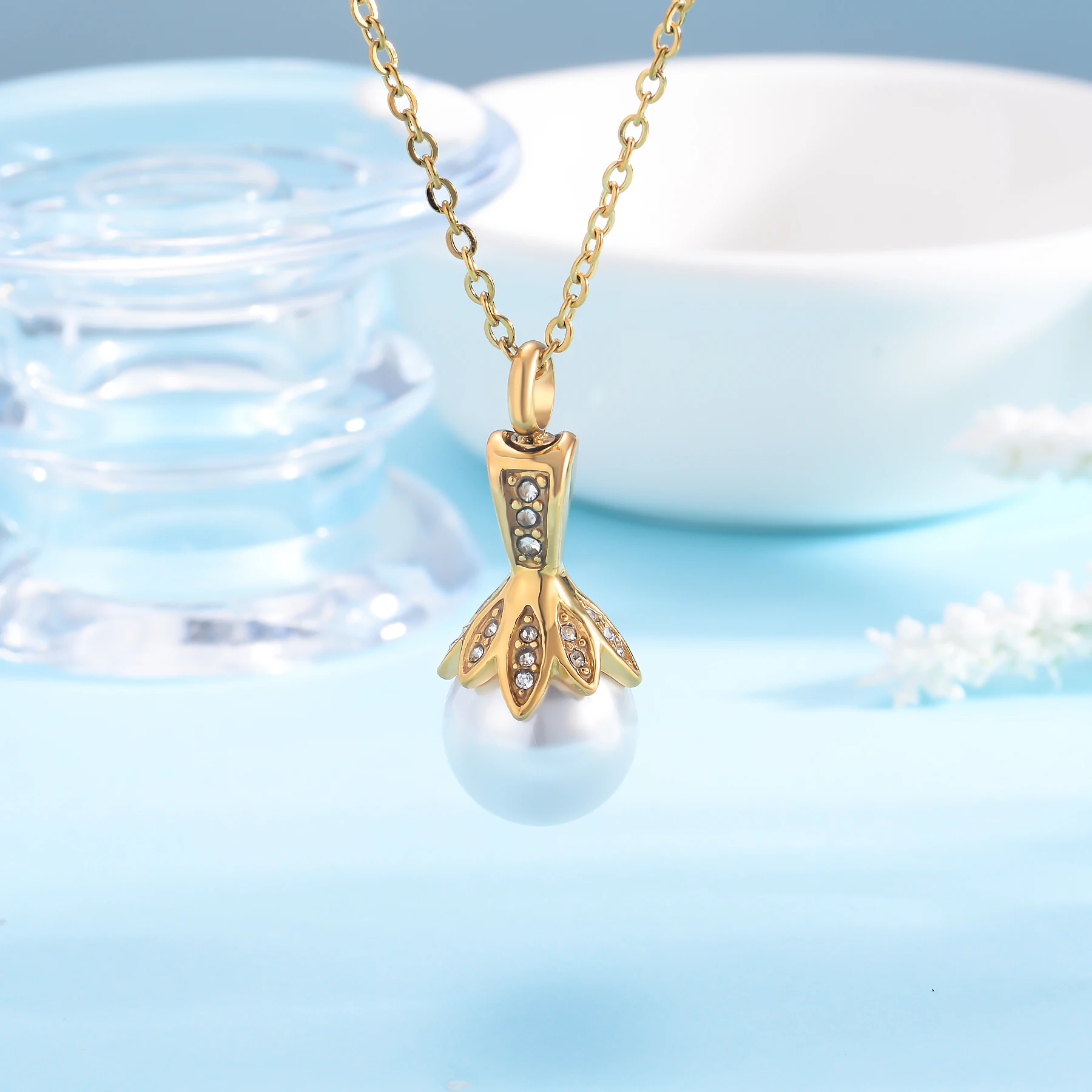 Stainless Steel Cremation Jewelry man-made Pearl Pendant Holder