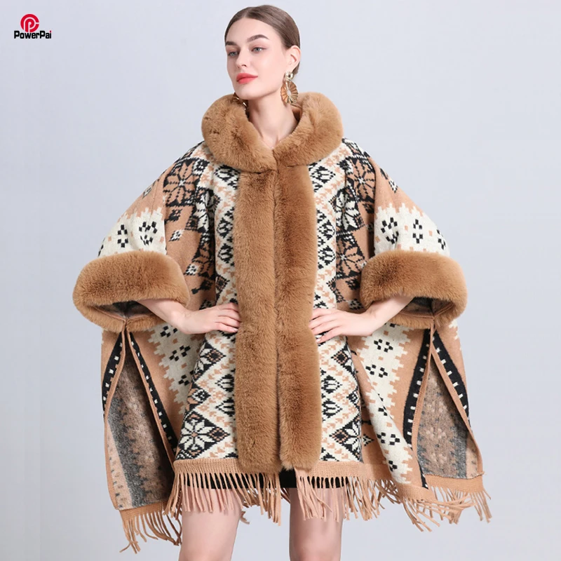 

New Jacquard Wool Blends Faux Rex Rabbit Fur Coat Cape Hood Women Autumn Winter Long Loose Cardigan Overcoat Cloak