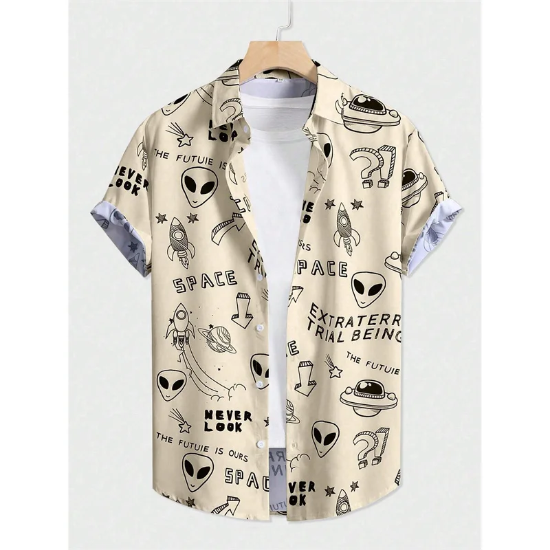 thumbnail image 1 of Camisa hawaiana con estampado de ovni y cohete para hombres y mujeres, blusa con estampado 3D de abstracción artística, camisas hawaianas holgadas de manga corta con solapa para niños, 1 of 4