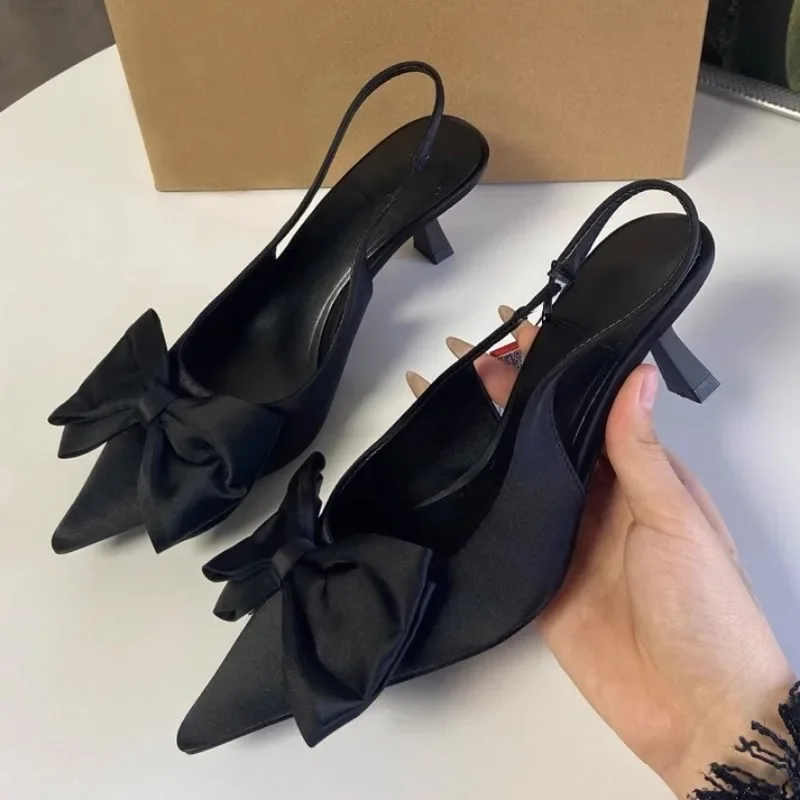 Elegant High Heels Women's Shoes Summer Black Shallow Mouth Pointed Toe Bow Slingbacks Luxury Party Office Lady Sandals