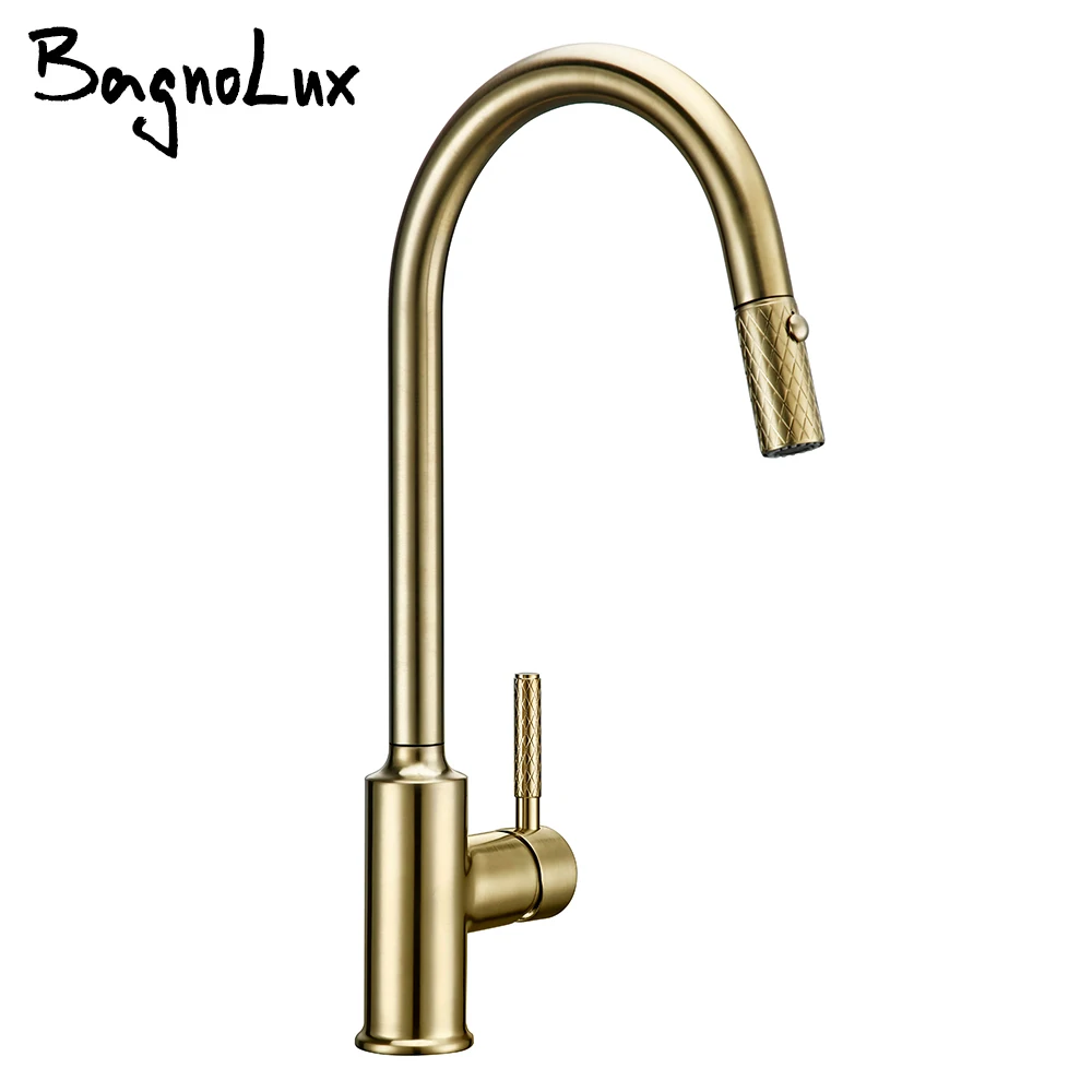 Bagnolux Brushed Gold Brass Kitchen Faucet NEW Premium Gooseneck Pull Out Kitchen Faucet Sink Mixer Tap Solid Brass Construction