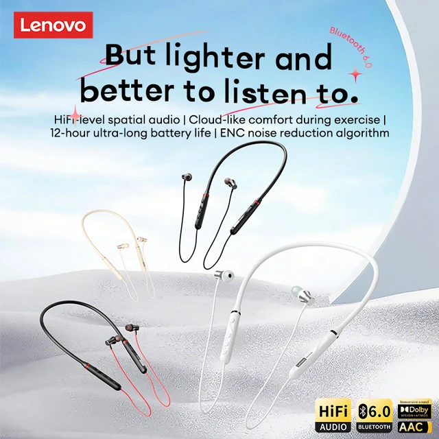 Lightweight Lenovo Y111 Neckband Wireless Headphones Bluetooth 6.0 Sport Neckband Earphones Sport Earbud Waterproof 12H Playtime