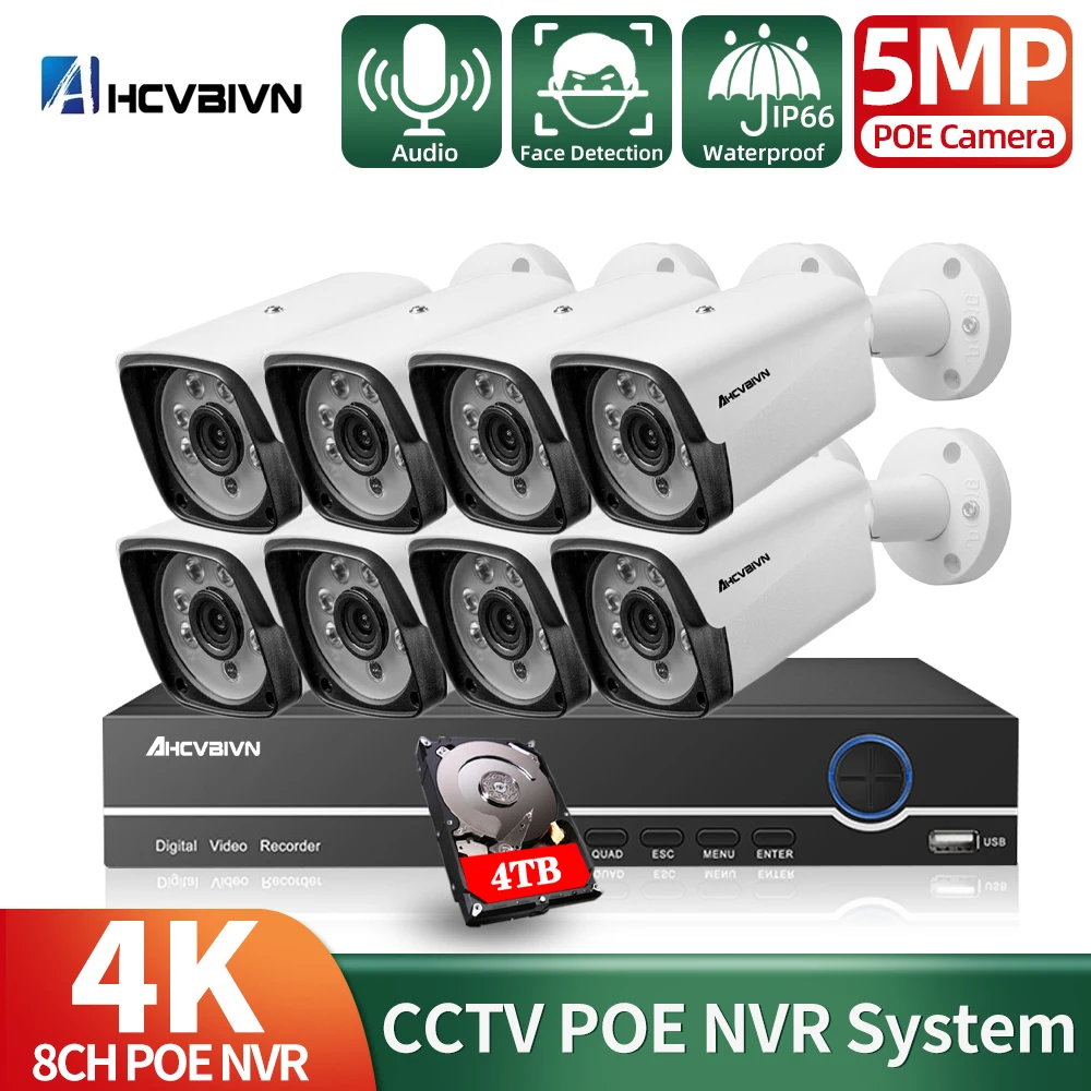 

H.265+ 8CH 5MP POE Audio Security System Kit 5.0MP POE IP Camera IR Outdoor Face Detection CCTV Cam Video Surveillance NVR Set