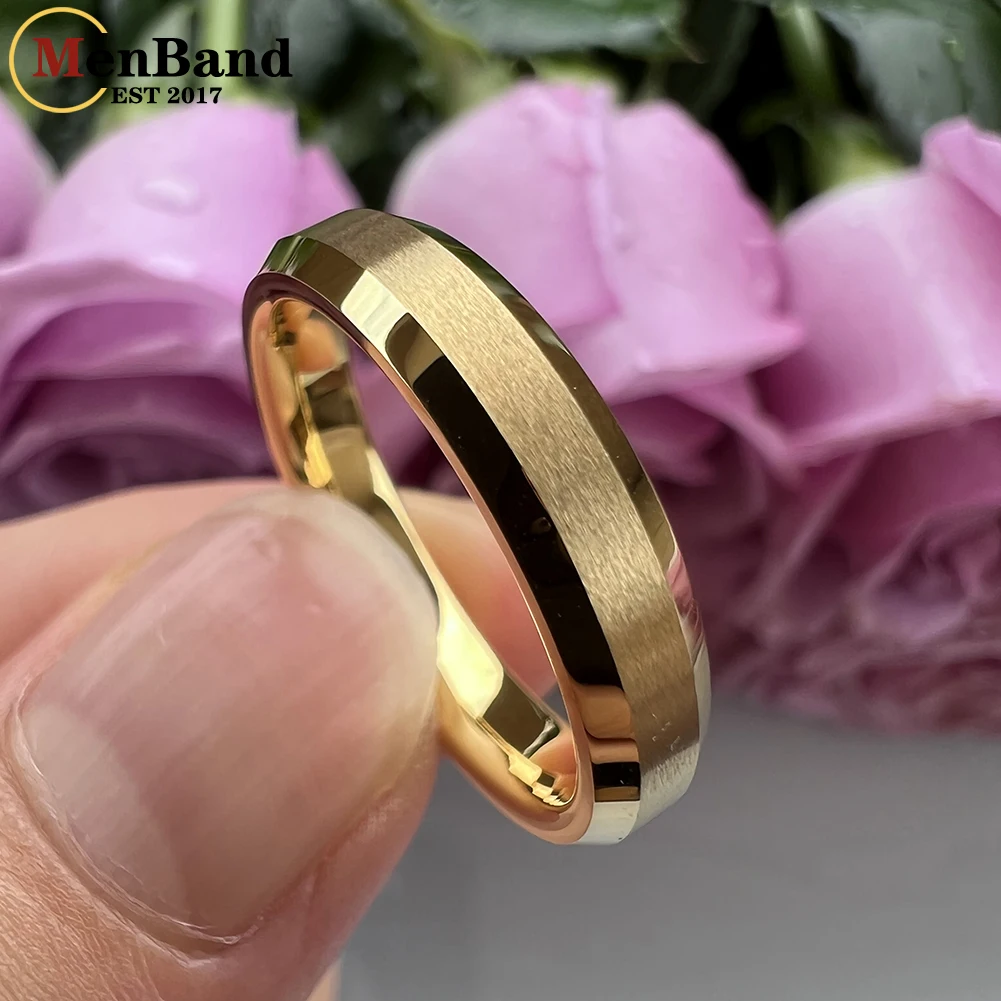 MenBand Fashion 4MM Silver Color Tungsten Carbide Wedding Band Rings Beveled Polished Edges Matted Finish Comfort Fit Size 4-12