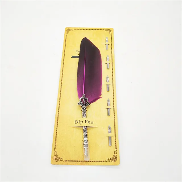 1 Set Feather Fountain Pen Calligraphy Pen Quill Oblique Fountain Luxury Pen Ink +5pcs Nib Metal for Fancy Font Office Supplies Rose Red