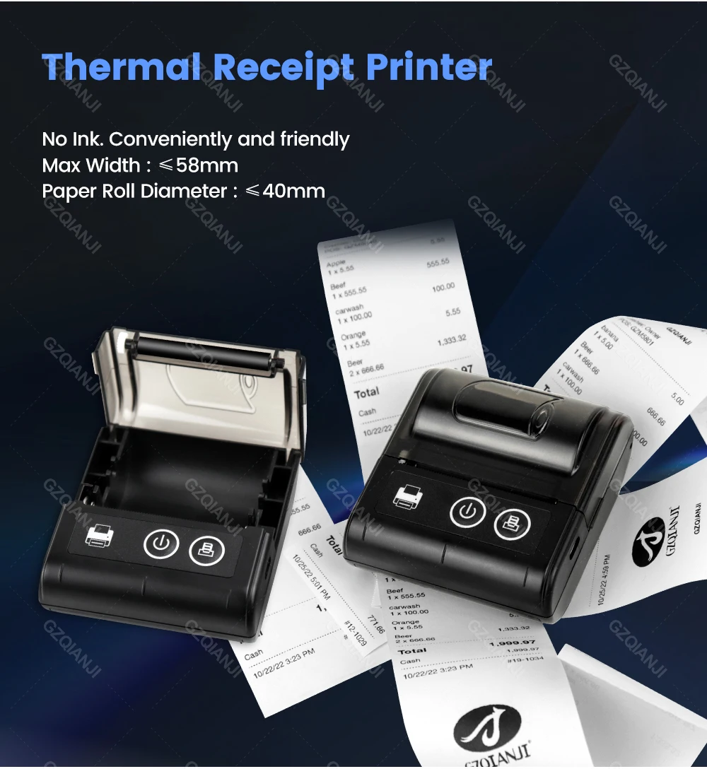Description Picture 4 of item2 inch 58mm Mini Portable Printer Thermal Paper Printers For Mobile Phone PC Android iOS USB Bluetooth Maker For Store Shipping