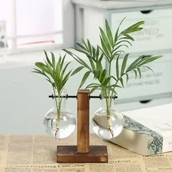 Vintage Transparent Glass Terrarium with Wooden Frame - Tabletop Decorative Plant Vase (ParallelDoubleBottle)