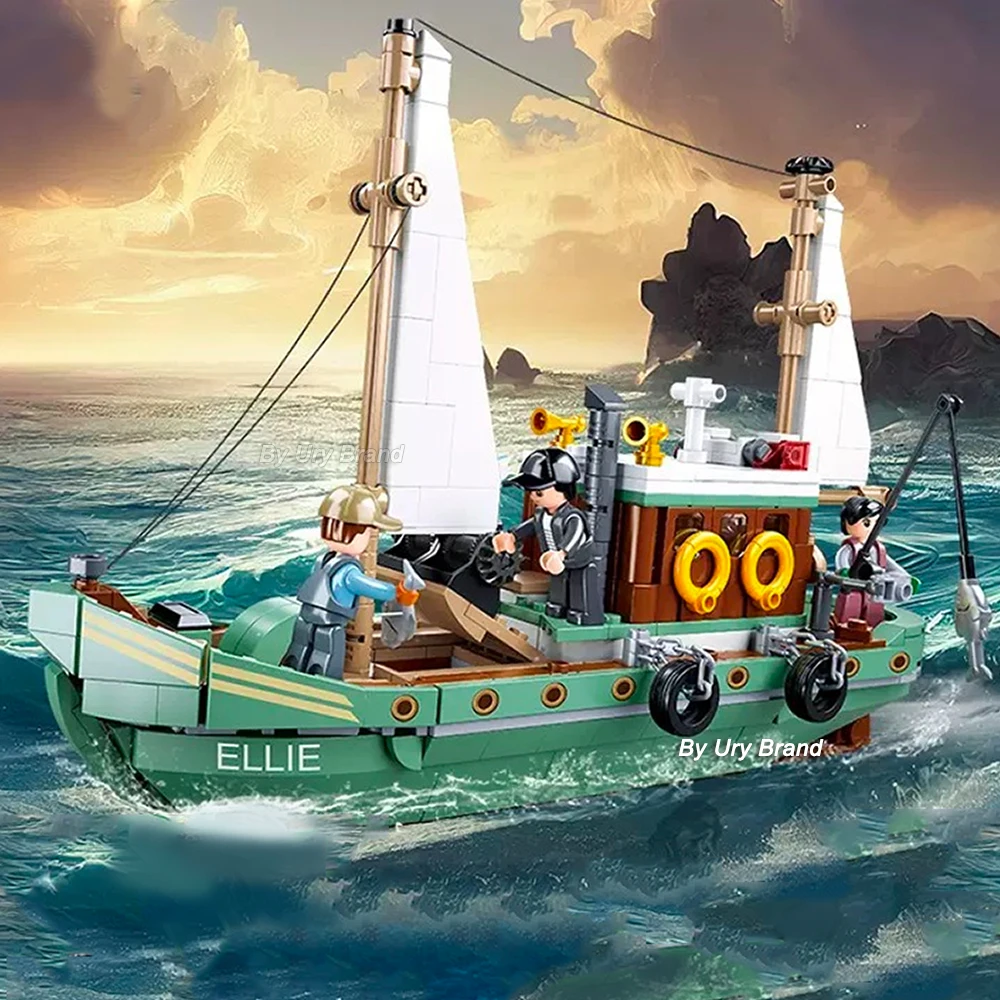 City Fishing Boat Vessel Trawlboat Model Building Blocks Set Pirate Ship  Sea Fisher Figures MOC Toys for Kids Birthday Gift