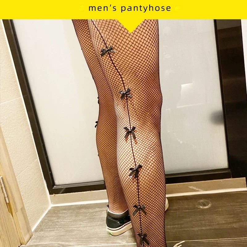 Sexy Man Tights Gay Exotic Male Underwear New Fashion Sissy Lingerie Line Bowknot Black Fishnet Pantyhose